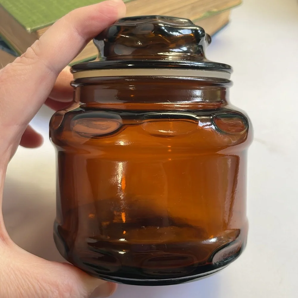Vintage‎ Small Glass Apothecary Jar with Lid in Brown or Dark Amber